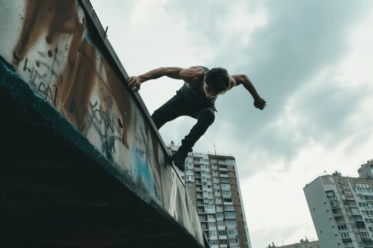 Person practices parkour in the city