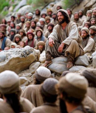 Jesus speaking to the people by parables on the mountain in the midst of nature Generative AI Illustration