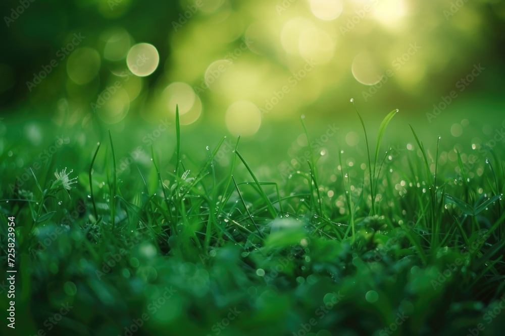 Poster a detailed view of grass blades covered in sparkling water droplets. perfect for nature-themed desig