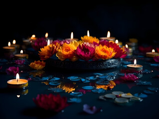 Beautiful Diya lights with flowers floating on water