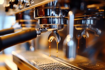 A detailed view of a coffee machine with liquid pouring out. Ideal for illustrating coffee brewing or the enjoyment of a fresh cup of coffee. - obrazy, fototapety, plakaty
