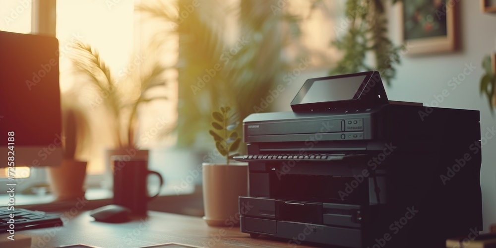 Aufkleber A printer sits on top of a desk next to a computer. Perfect for office or home use