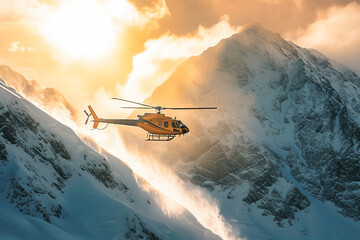 Rescue helicopter flying above snow mountain  . Skiers rescue .Hikers rescue .