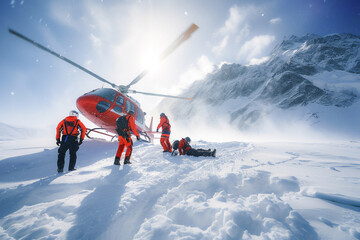 Rescue team and rescue helicopter rescuing a man at snow mountain .Search and rescue operation in mountains