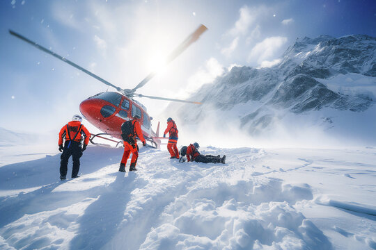 Rescue team and rescue helicopter rescuing a man at snow mountain .Search and rescue operation in mountains