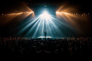 Single person on stage, crowd at concert - obrazy, fototapety, plakaty
