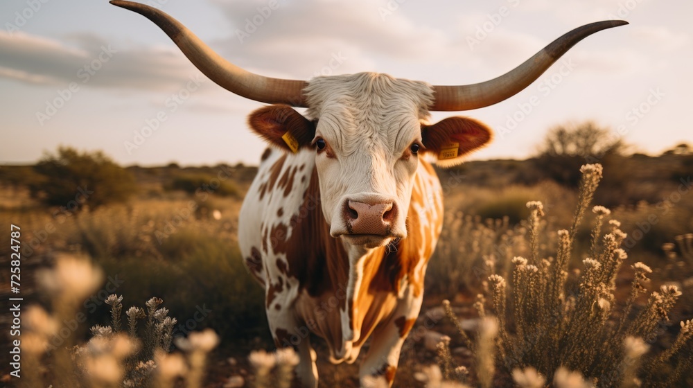 Poster portrait of a texas longhorn cow with long legs lying on the grass and looking at the camera in a be