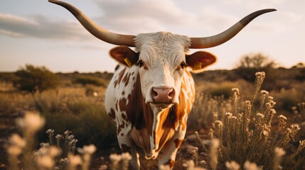 Portrait of a Texas Longhorn cow with long legs lying on the grass and looking at the camera in a beautiful pasture against a blue sky with clouds on a cloudy summer day. Nature, Pets concepts. - obrazy, fototapety, plakaty