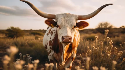 Fotobehang Portrait of a Texas Longhorn cow with long legs lying on the grass and looking at the camera in a beautiful pasture against a blue sky with clouds on a cloudy summer day. Nature, Pets concepts. © liliyabatyrova