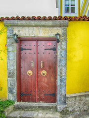 wooden door of old historical house