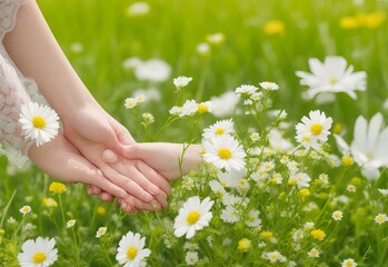 Hands with midsummer meadow flower
