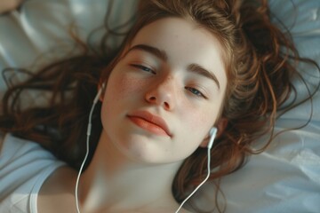 A girl is laying on a bed wearing headphones, enjoying music. This image can be used to depict relaxation, leisure, or the enjoyment of music