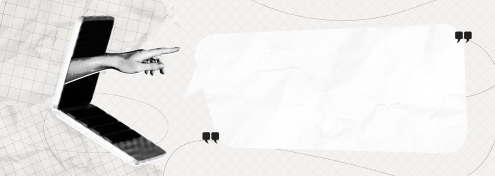 Trendy Halftone Collage Laptop with Hand pointing at speech bubble message. Empty space for text. Social media announcing promotion and marketing. Vector contemporary art. Modern banner illustration