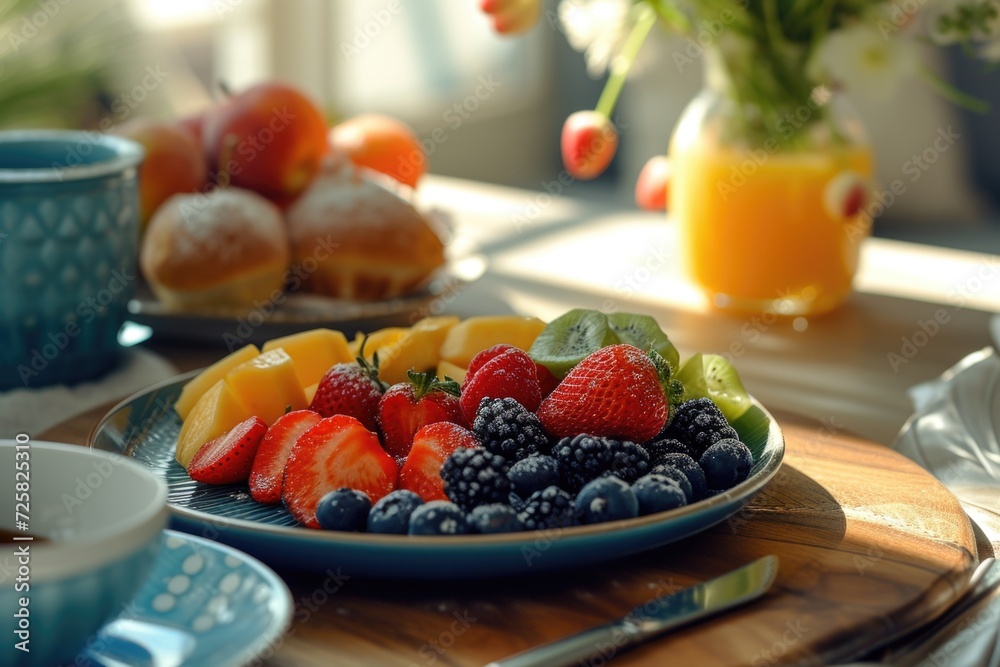 Poster a plate of assorted fresh fruits placed on a table next to a cup of steaming coffee. suitable for fo