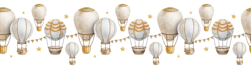 Beige Hot Air Balloons, flags and stars. Cute baby seamless border. Children's background. Watercolor frame. Isolated. Design for kid's goods, postcards, baby shower and children's room © Fedulova_art