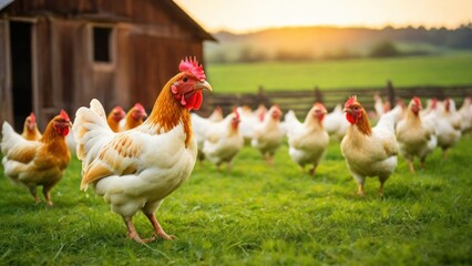 Free range chicken farm and sustainable agriculture. Organic poultry farming. Chickens roaming free in sustainable and animal-friendly farm. Free range bird in agriculture grass field.  generative, ai