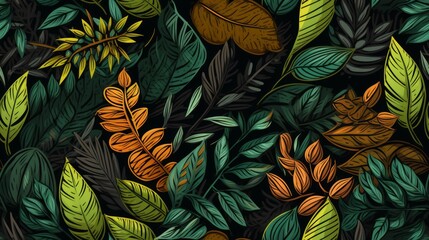 jungle plants, boho, hand drawn, seamless pattern. Generative Ai