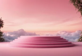 Tuinposter Background pink podium sky 3d platform luxury product beauty display render heaven dreamy stage Pink © ArtisticLens
