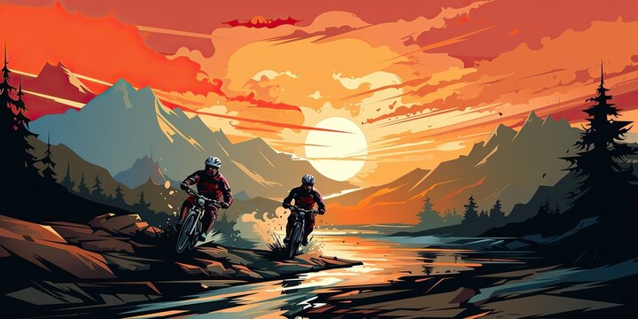 Stylized image of mountain bikers at sunset with vivid, contrasting colors