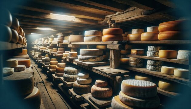 A variety of cheeses in the aging process within a traditional cheese cellar
