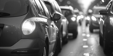 A black and white photo capturing a bustling city street filled with cars. Suitable for urban landscapes and transportation themes