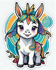 Illustration of a cute cartoon Donkey sticker with vibrant colors and a playful expression