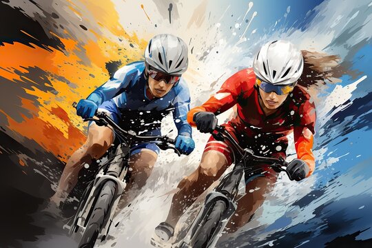 Dynamic painting of two cyclists racing with splashes of vibrant colors