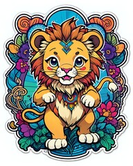Fototapeta premium Illustration of a cute cartoon Lion sticker with vibrant colors and a playful expression