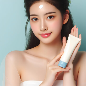 Beautiful young woman with sun protection cream on her face against blue background, closeup