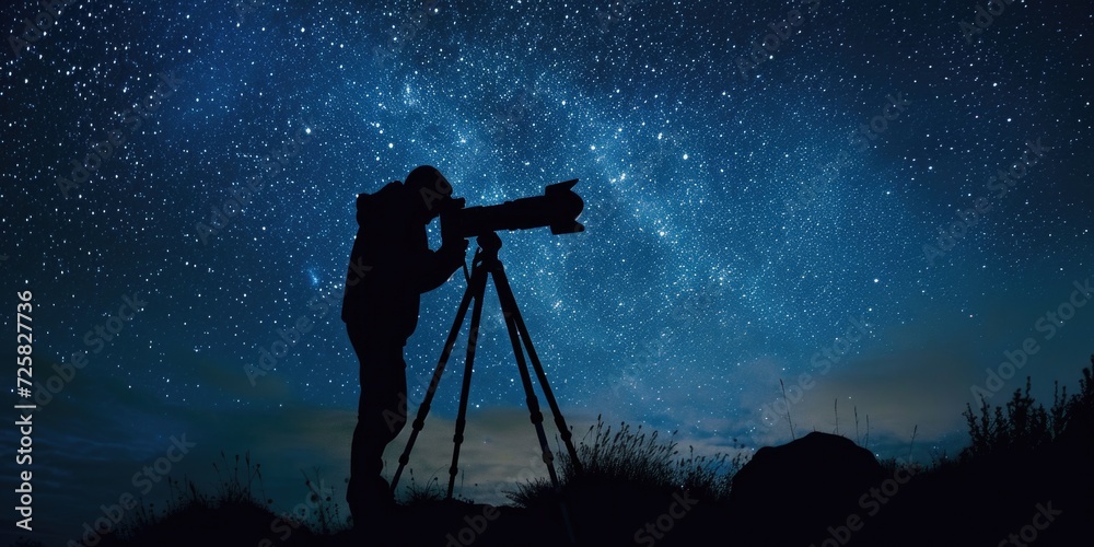 Aufkleber A person standing in front of a camera on a tripod. Suitable for various photography and videography concepts