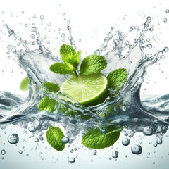 Clean water splash with mint leaves and lime slice and splatters in water wave isolated on white background