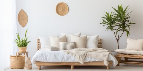Natural light photography of a minimally decorated home, featuring essentials like pillows, bed, model, and furniture.