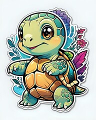 Obraz premium Illustration of a cute cartoon Turtle sticker with vibrant colors and a playful expression
