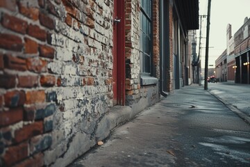 Obraz premium A red fire hydrant positioned on the side of a brick building. This image can be used to depict urban infrastructure and safety measures