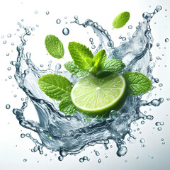 Clean water splash with mint leaves and lime slice and splatters in water wave isolated on white background
