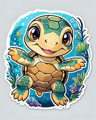 Obraz premium Illustration of a cute cartoon Turtle sticker with vibrant colors and a playful expression