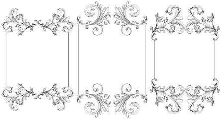 Classic baroque frame scroll ornament engraving border floral retro frames set. Antique style acanthus foliage swirl decorative design collection.