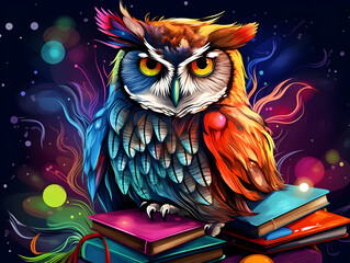 Obraz premium Colorful owl is sitting on books with isolated background