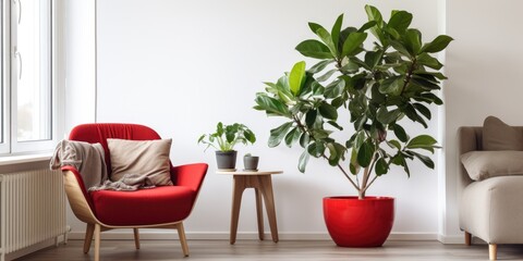 Living room interior with ficus and furniture comprising a wooden table, green blanket on the sofa, and red chair.