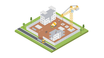 Isometric construction composition with platform and building yard ground area tower cranes trucks vector illustration.