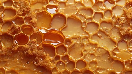 Honeycomb texture background with dripping tasty honey.  generative, ai. - obrazy, fototapety, plakaty