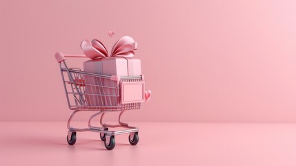 a shopping cart adorned with a pink peripheral gift box, symbolizing the anticipation and love associated with selecting the perfect Valentine's Day gift.