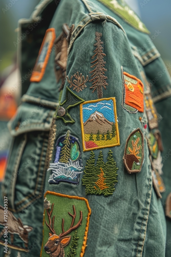 Aufkleber A detailed view of a jacket adorned with patches. This versatile image can be used to showcase individuality, fashion trends, or personal style