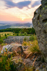 Wasserkuppe - panoramic view from the Radom observatory on the Wasserkuppe in the Hessian Rhön in summer towards Fulda in the sunset, Hessen, Germany
