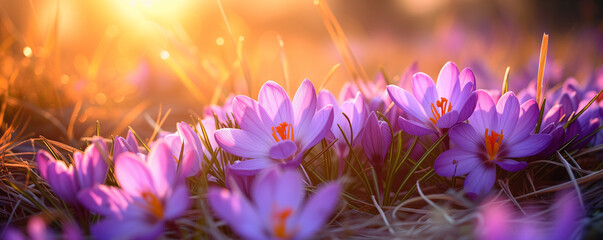 Purple crocuses in bloom at sunset. Spring and beauty concept. Design for gardening, seasonal...