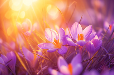 Purple crocuses in bloom at sunset. Spring and beauty concept. Design for gardening, seasonal festivals flyer, invitation. Banner with copy space.