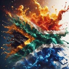 South Africa flag what Splash of water and flame. AI generated illustration - obrazy, fototapety, plakaty