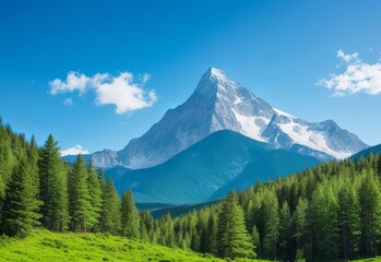 Obraz premium Mountain covered by forest and a blue sky
