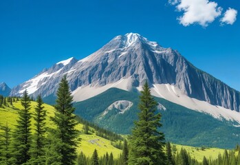 Obraz premium Mountain covered by forest and a blue sky