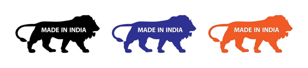 Made in India icon set with lion silhouette. Made in India symbol icon set for Indian products and industrial usage. Made in India lion icon symbol in black, blue and orange color.